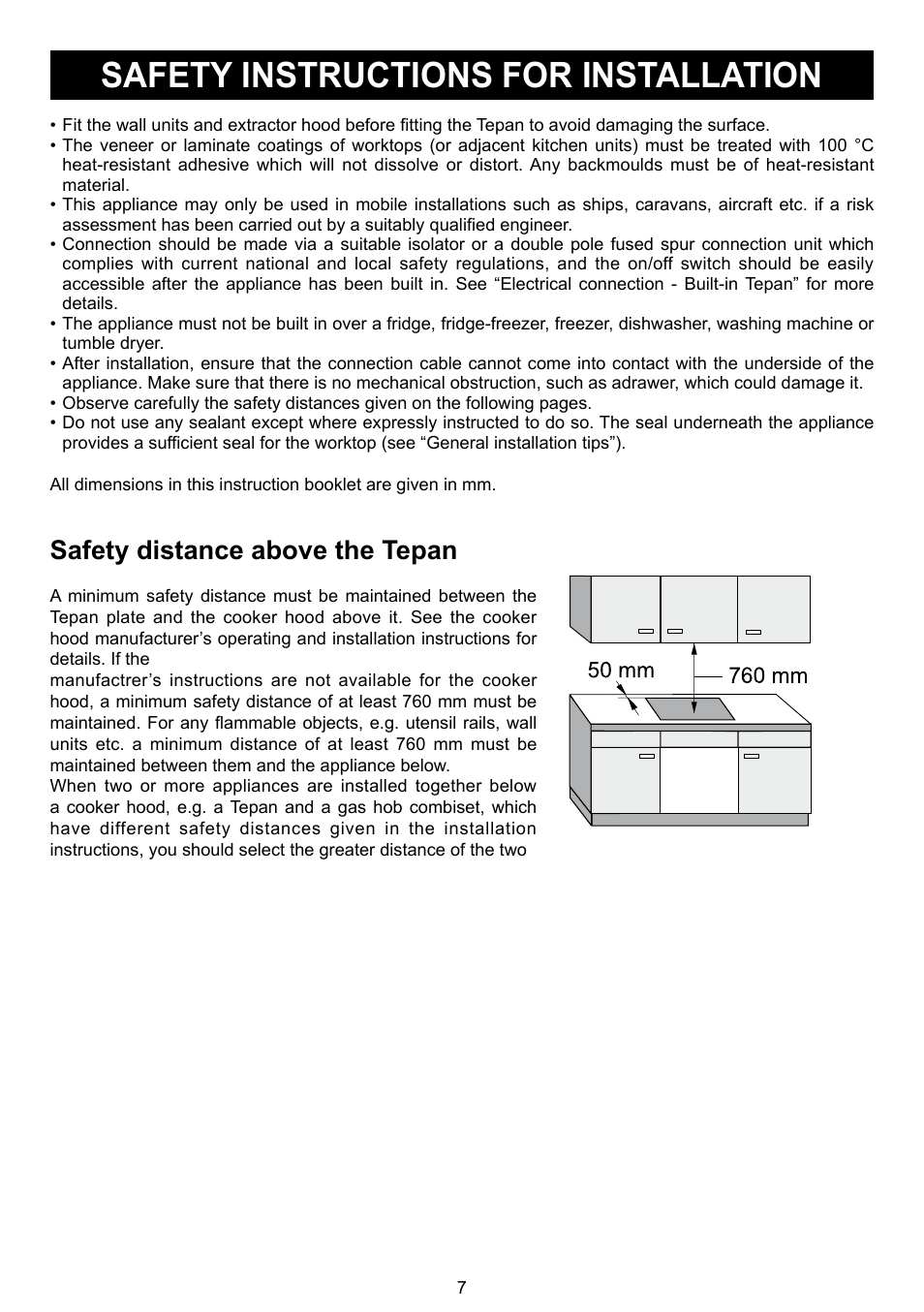 Safety instructions for installation, Safety distance above the tepan | Caple C995 User Manual | Page 7 / 12