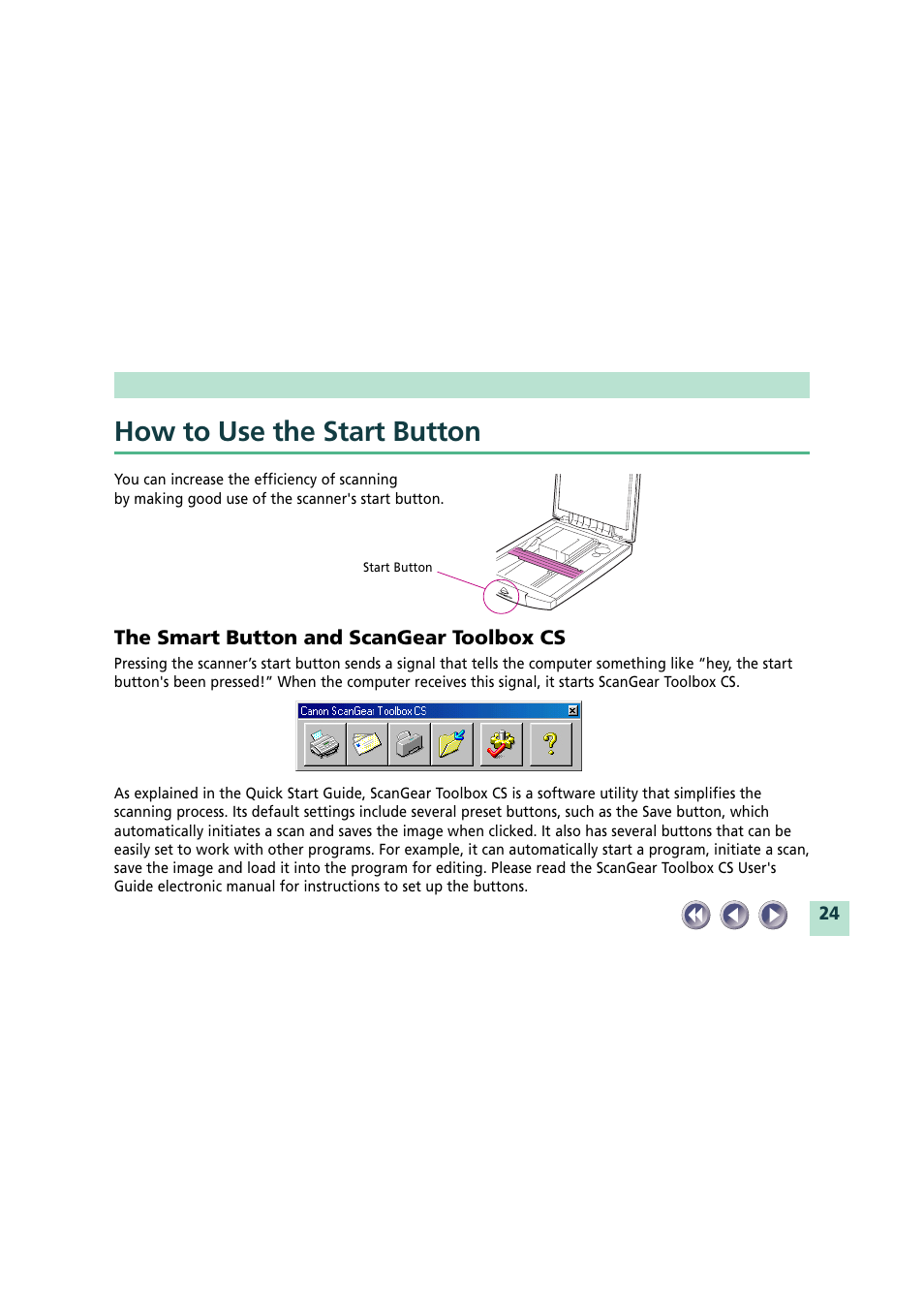 How to use the start button, The smart button and scangear toolbox cs | Canon CanoScan FB620U User Manual | Page 24 / 43