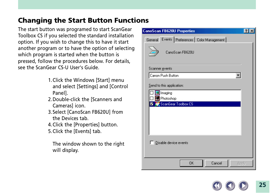 Changing the start button functions | Canon CanoScan FB620U User Manual | Page 25 / 43