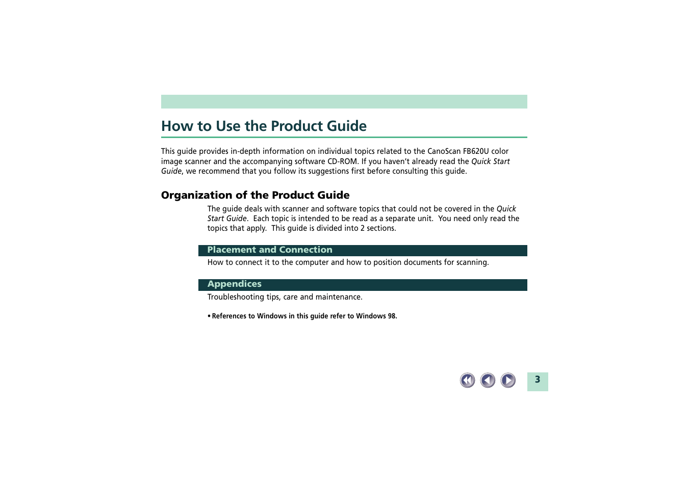 How to use the product guide | Canon CanoScan FB620U User Manual | Page 3 / 43