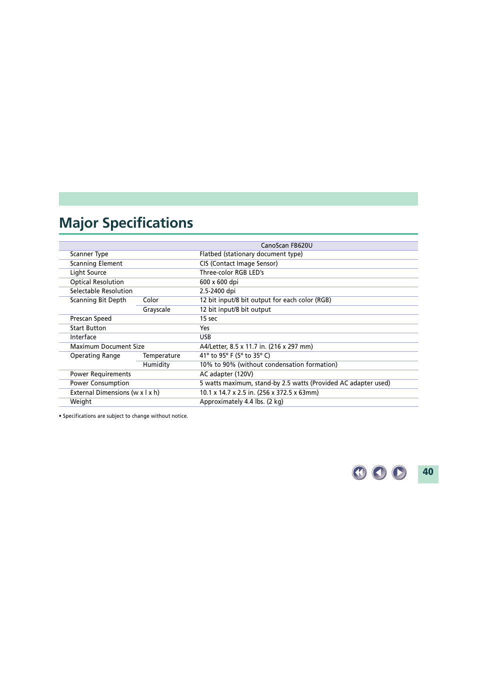 Major specifications | Canon CanoScan FB620U User Manual | Page 40 / 43