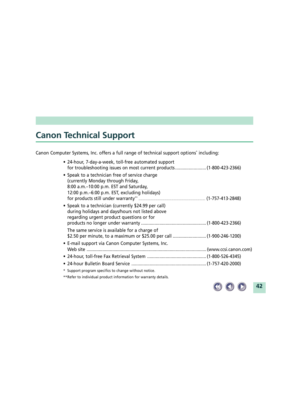 Canon technical support | Canon CanoScan FB620U User Manual | Page 42 / 43