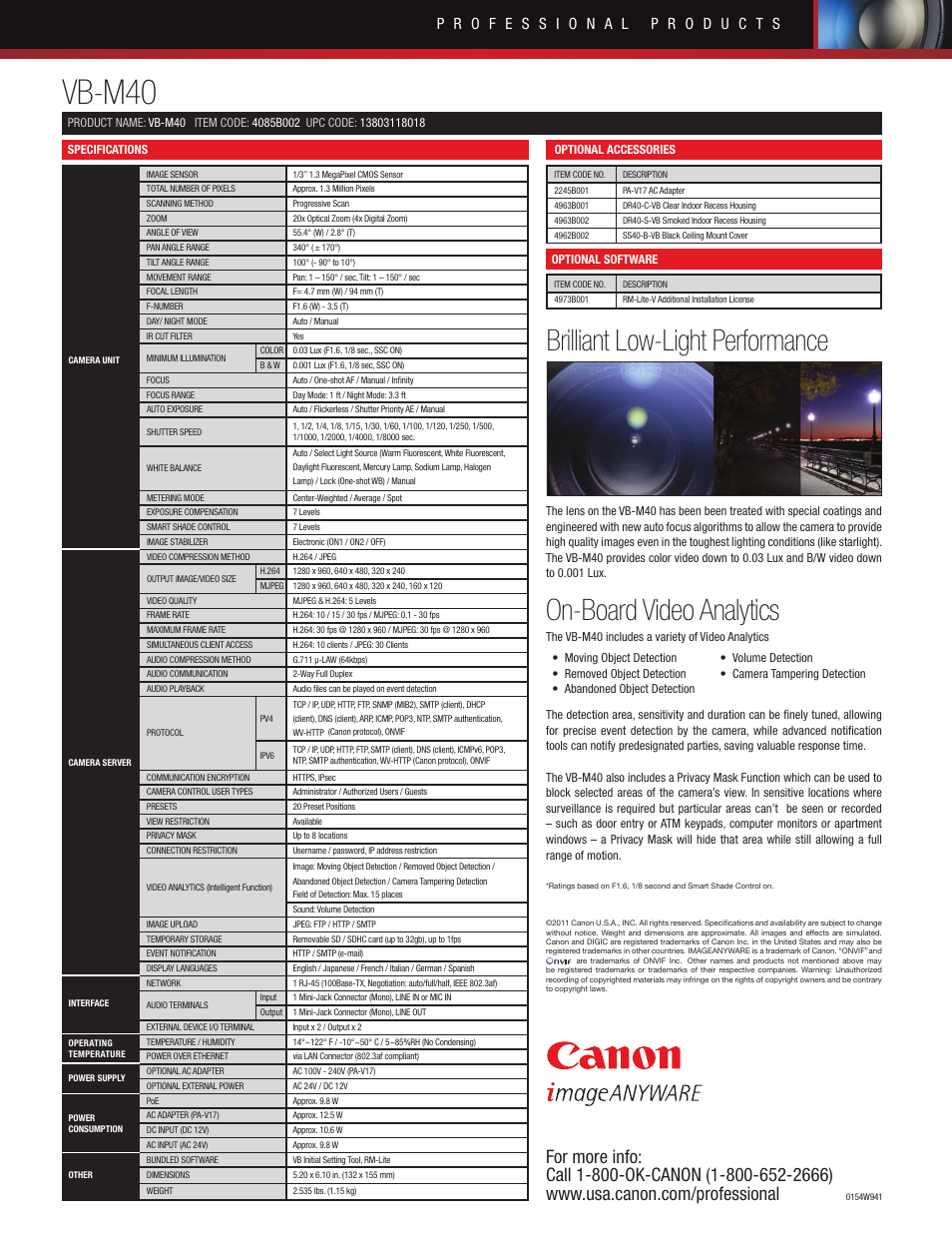 Vb-m40, On-board video analytics, Brilliant low-light performance | Canon VB-M40 User Manual | Page 2 / 2