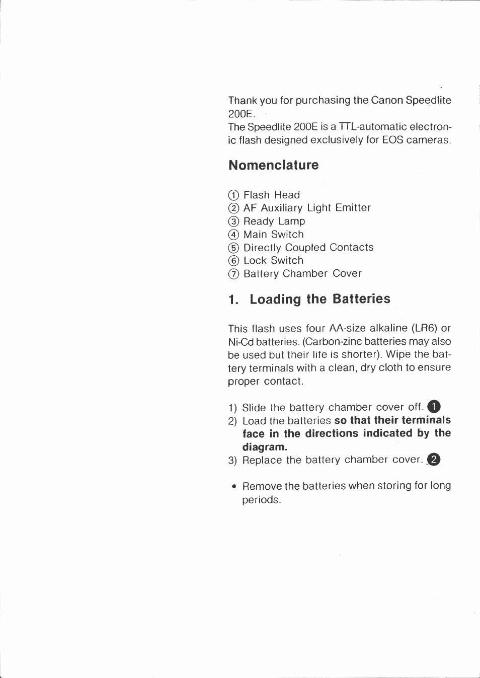 Nomenclature, Loading the batteries | Canon 200E User Manual | Page 2 / 6