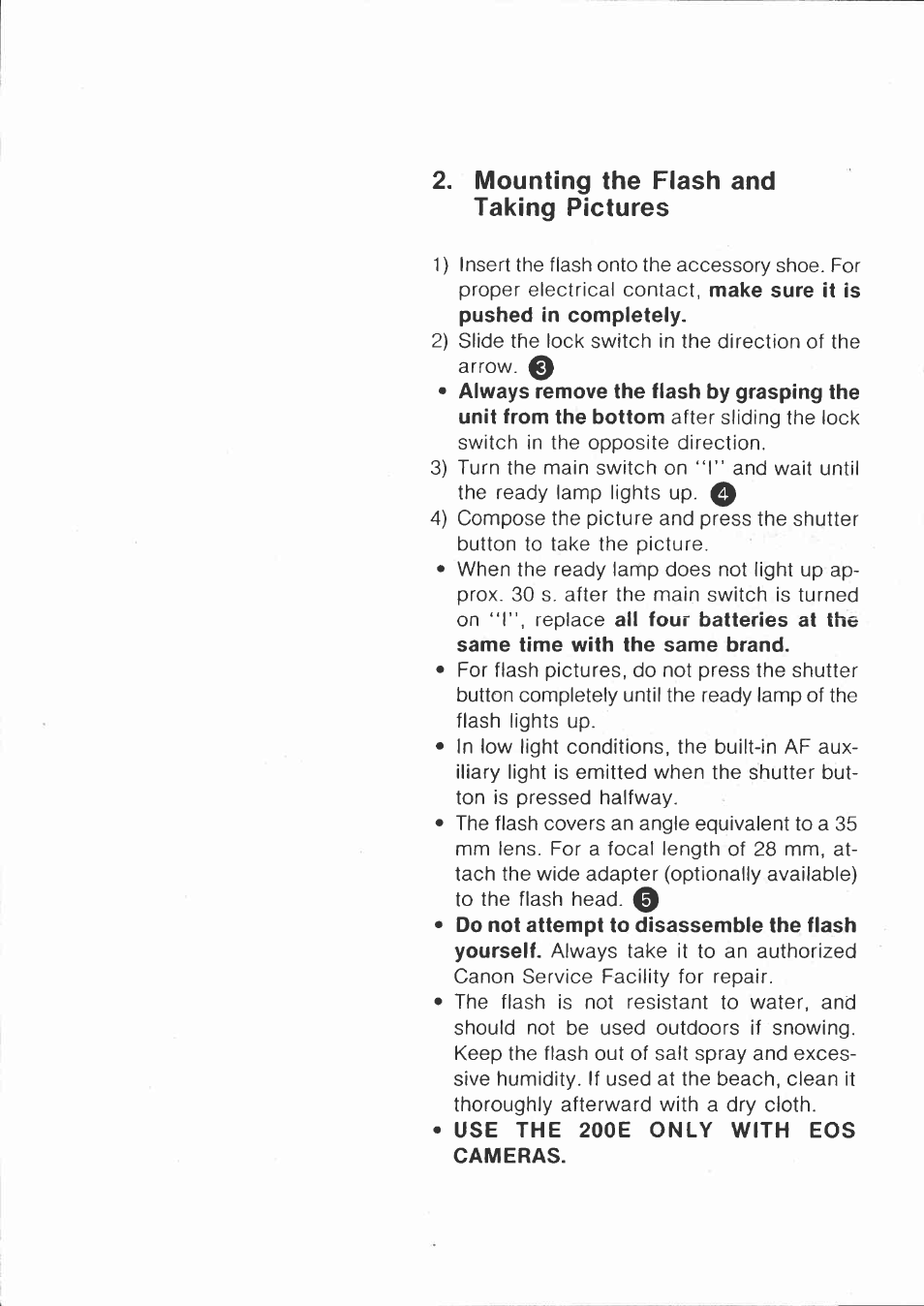 Mounting the flash and taking pictures | Canon 200E User Manual | Page 3 / 6