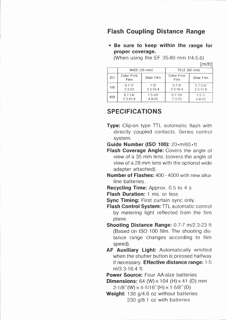 Flash coupling distance range, Specifications | Canon 200E User Manual | Page 4 / 6