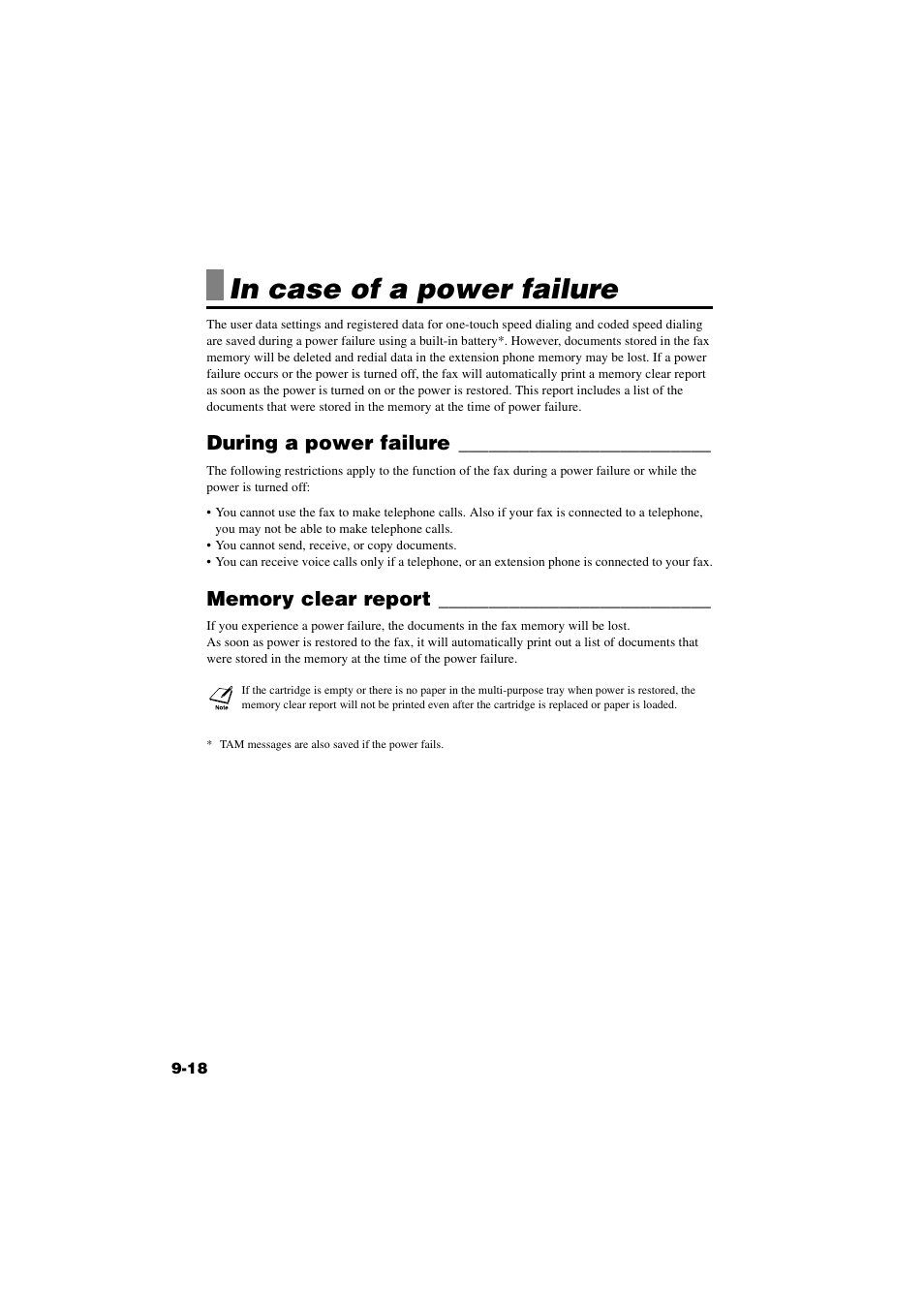 In case of a power failure, During a power failure, Memory clear report | In case of a power failure -18, During a power failure -18 memory clear report -18 | Canon B820 User Manual | Page 103 / 110