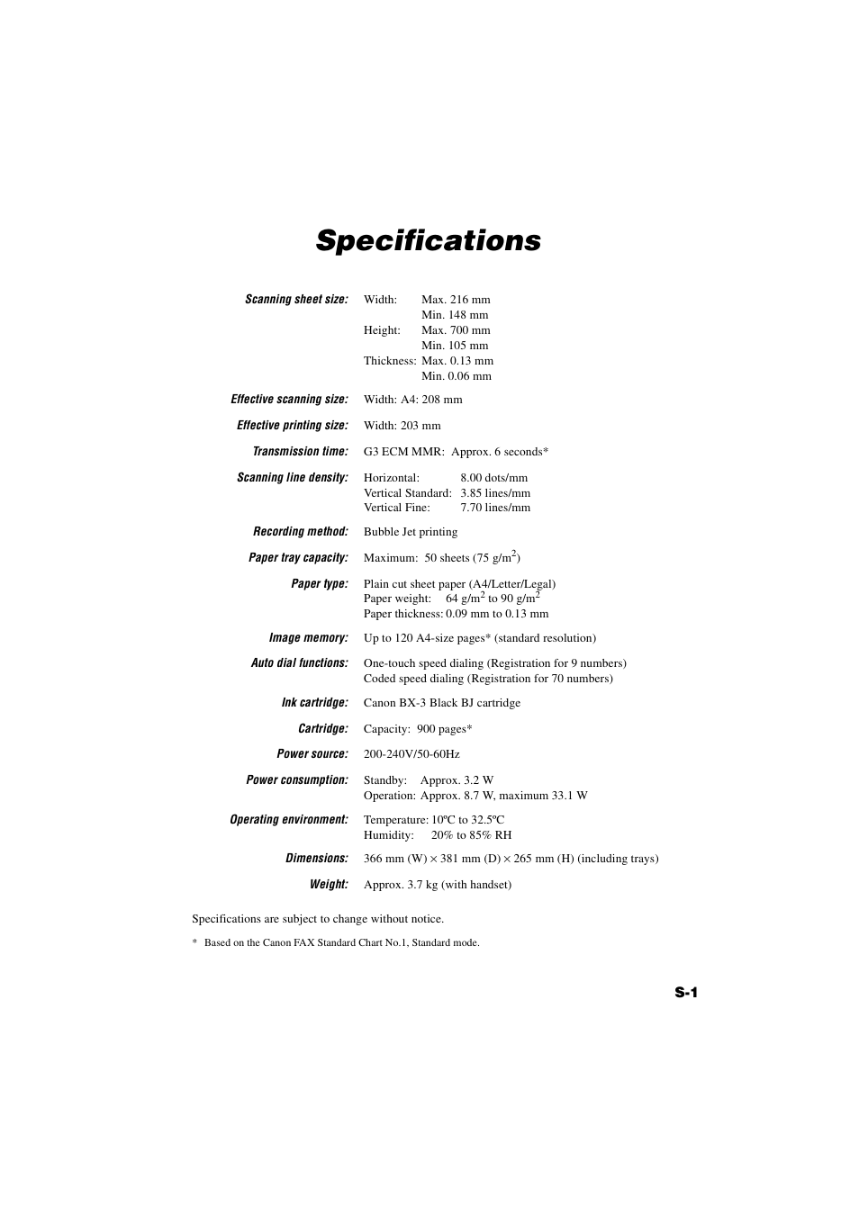 Specifications, Specifications .............s-1 | Canon B820 User Manual | Page 104 / 110