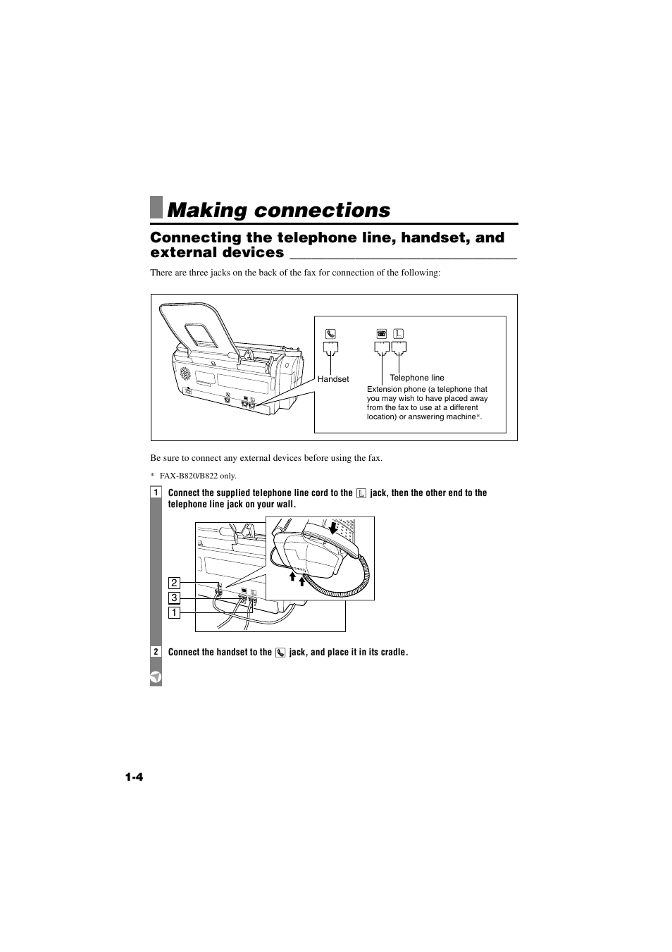 Making connections, Making connections -4, Connecting the telephone line, handset, and | External devices -4 | Canon B820 User Manual | Page 12 / 110