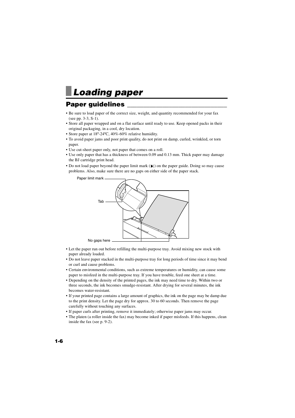 Loading paper, Paper guidelines, Loading paper -6 | Paper guidelines -6 | Canon B820 User Manual | Page 14 / 110