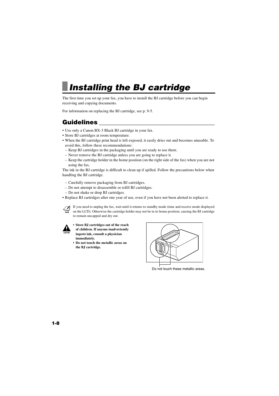 Installing the bj cartridge, Guidelines, Installing the bj cartridge -8 | Guidelines -8 | Canon B820 User Manual | Page 16 / 110