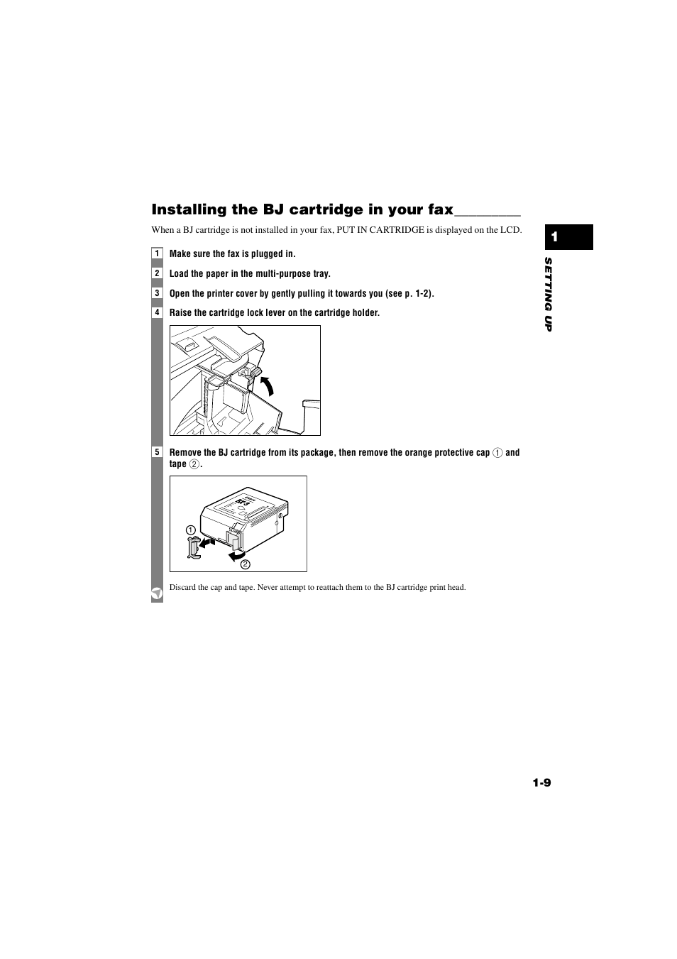 Installing the bj cartridge in your fax, Installing the bj cartridge in your fax -9 | Canon B820 User Manual | Page 17 / 110