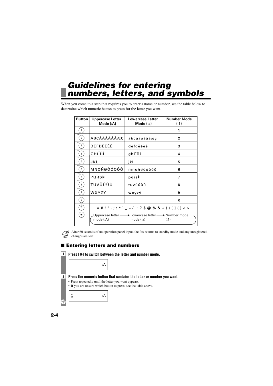 Guidelines for entering, Numbers, letters, and symbols -4, Entering letters and numbers | Canon B820 User Manual | Page 22 / 110