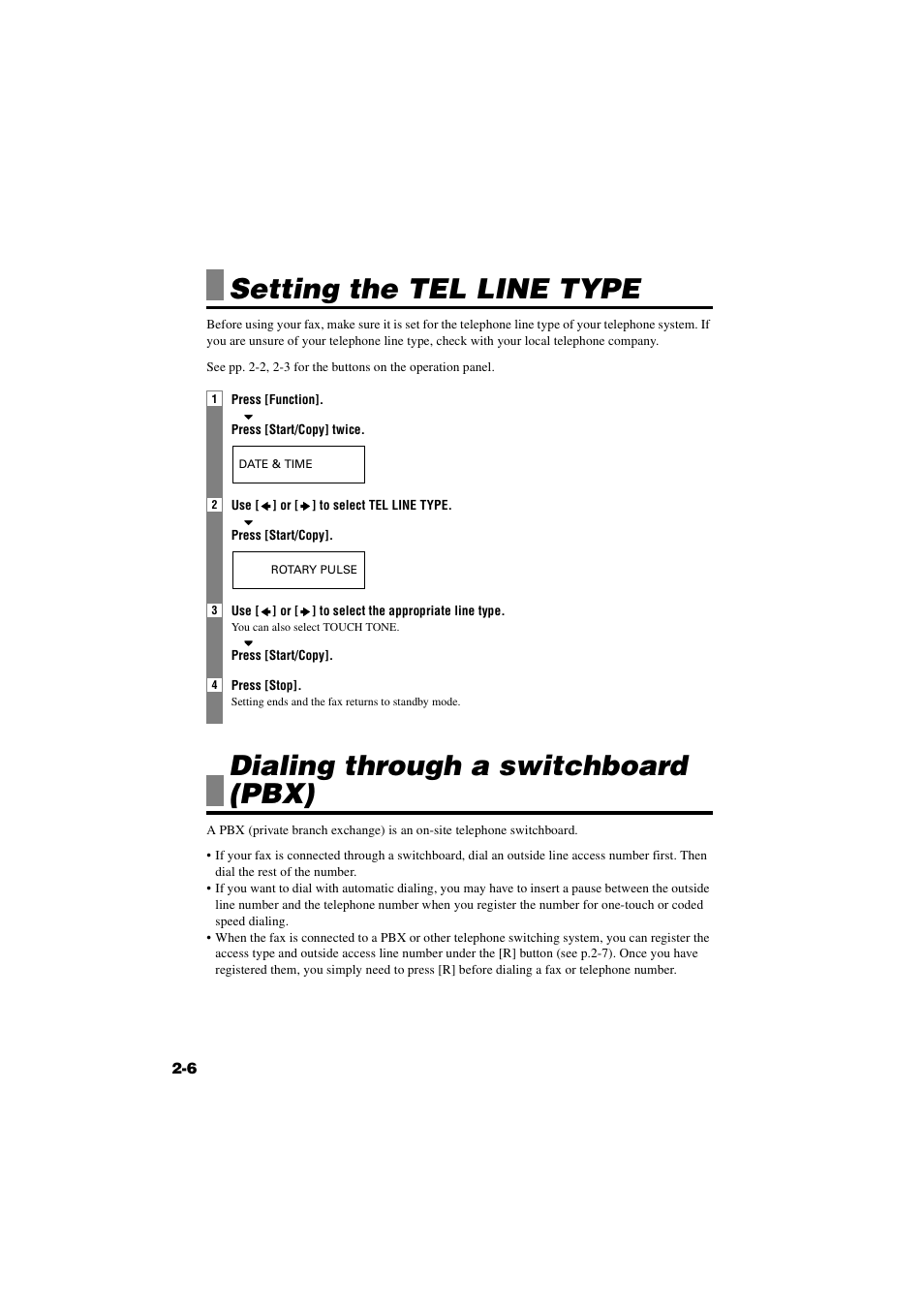 Setting the tel line type, Dialing through a switchboard (pbx), Pbx) -6 | Canon B820 User Manual | Page 24 / 110