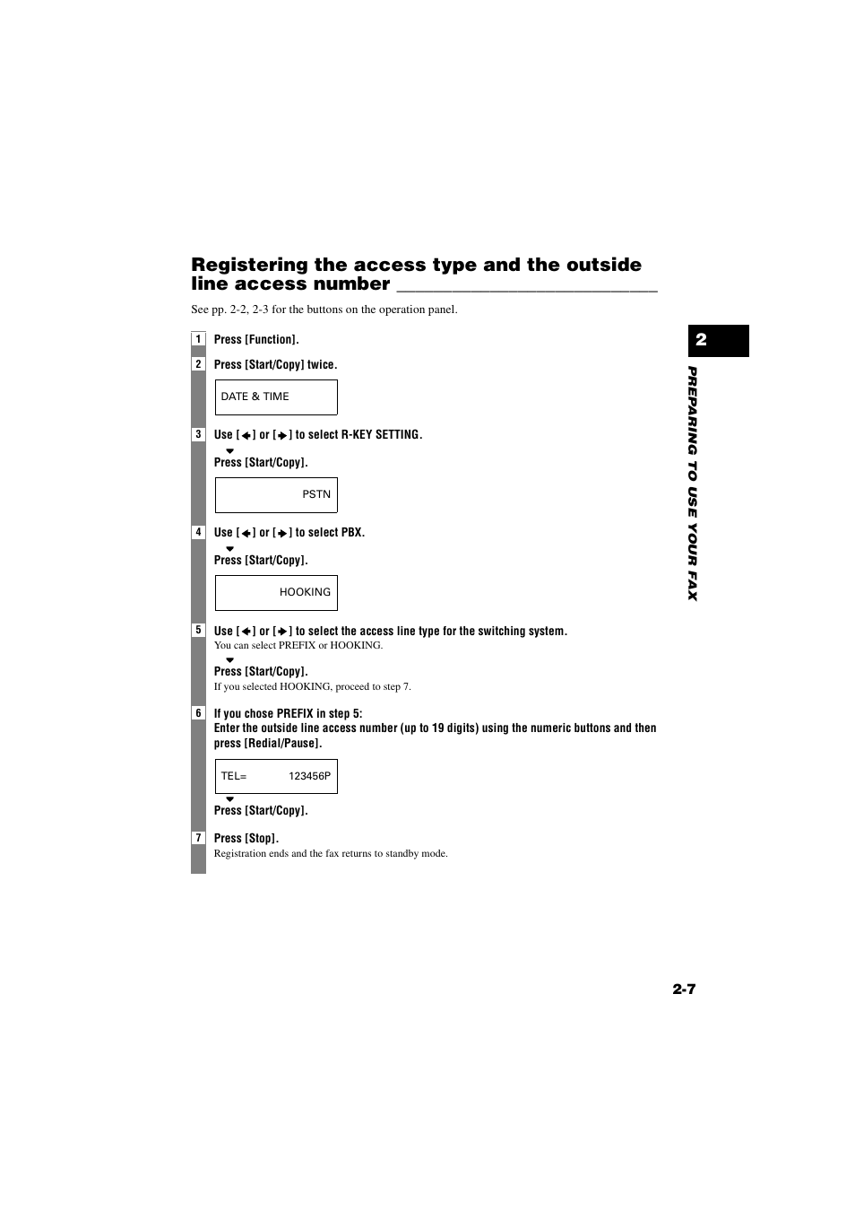 Registering the access type and the outside line, Access number -7 | Canon B820 User Manual | Page 25 / 110