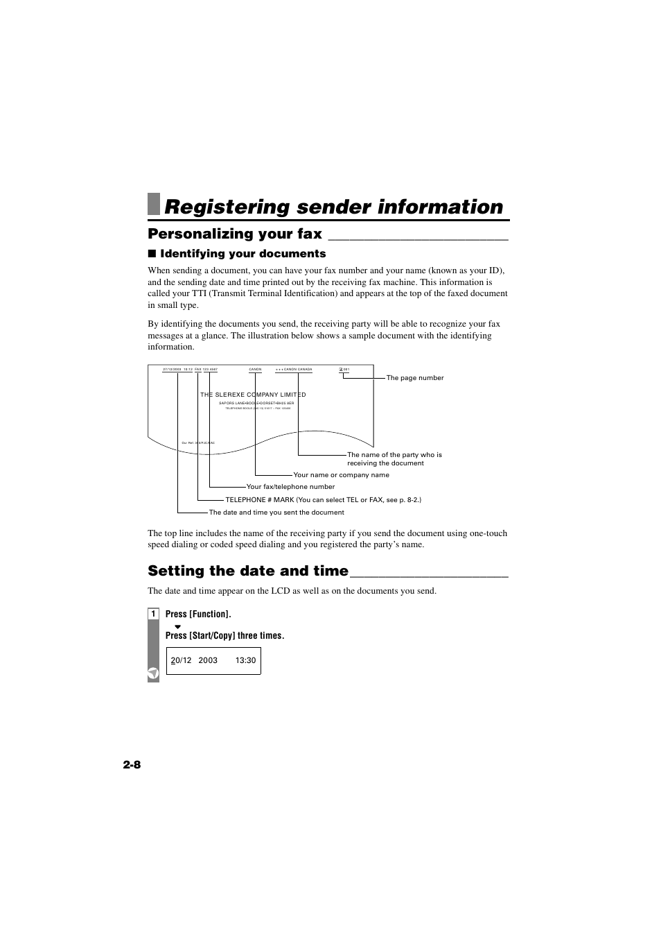 Registering sender information, Personalizing your fax, Setting the date and time | Registering sender information -8 | Canon B820 User Manual | Page 26 / 110