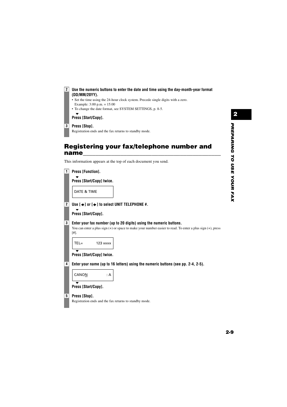 Registering your fax/telephone number and name, Registering your fax/telephone number and, Name -9 | Canon B820 User Manual | Page 27 / 110