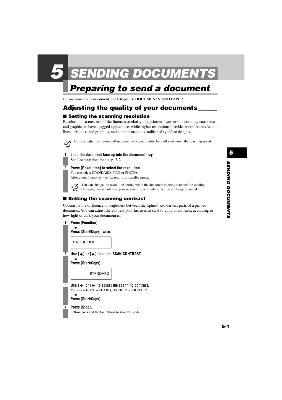 Sending documents, Preparing to send a document, Adjusting the quality of your documents | 5 sending documents, Preparing to send a document -1, Adjusting the quality of your documents -1 | Canon B820 User Manual | Page 39 / 110