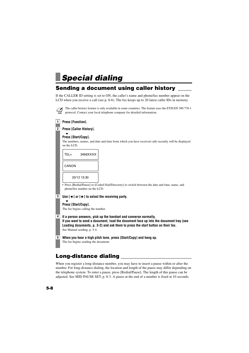 Special dialing, Sending a document using caller history, Long-distance dialing | Special dialing -8 | Canon B820 User Manual | Page 46 / 110