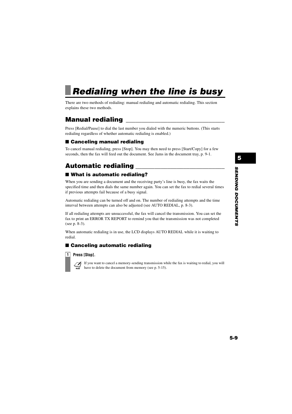 Redialing when the line is busy, Manual redialing, Automatic redialing | Redialing when the line is busy -9, Manual redialing -9 automatic redialing -9 | Canon B820 User Manual | Page 47 / 110