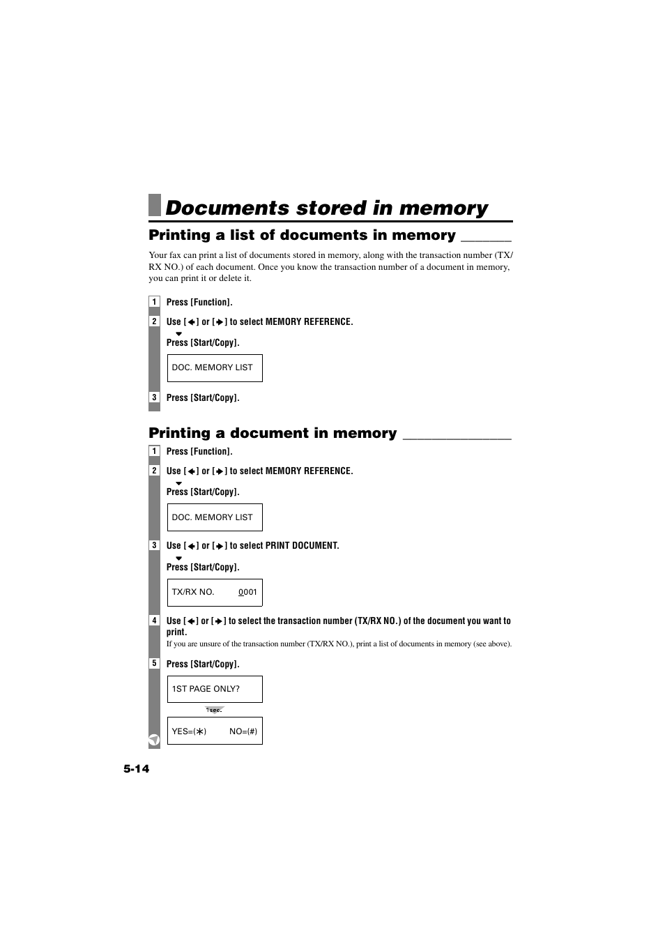 Documents stored in memory, Printing a list of documents in memory, Printing a document in memory | Documents stored in memory -14 | Canon B820 User Manual | Page 52 / 110