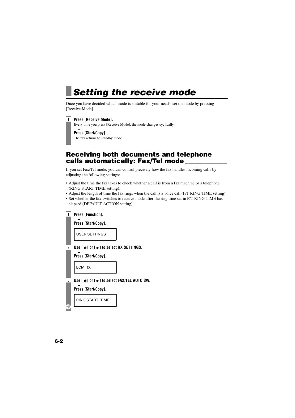 Setting the receive mode, Setting the receive mode -2, Receiving both documents and telephone calls | Automatically: fax/tel mode -2 | Canon B820 User Manual | Page 55 / 110