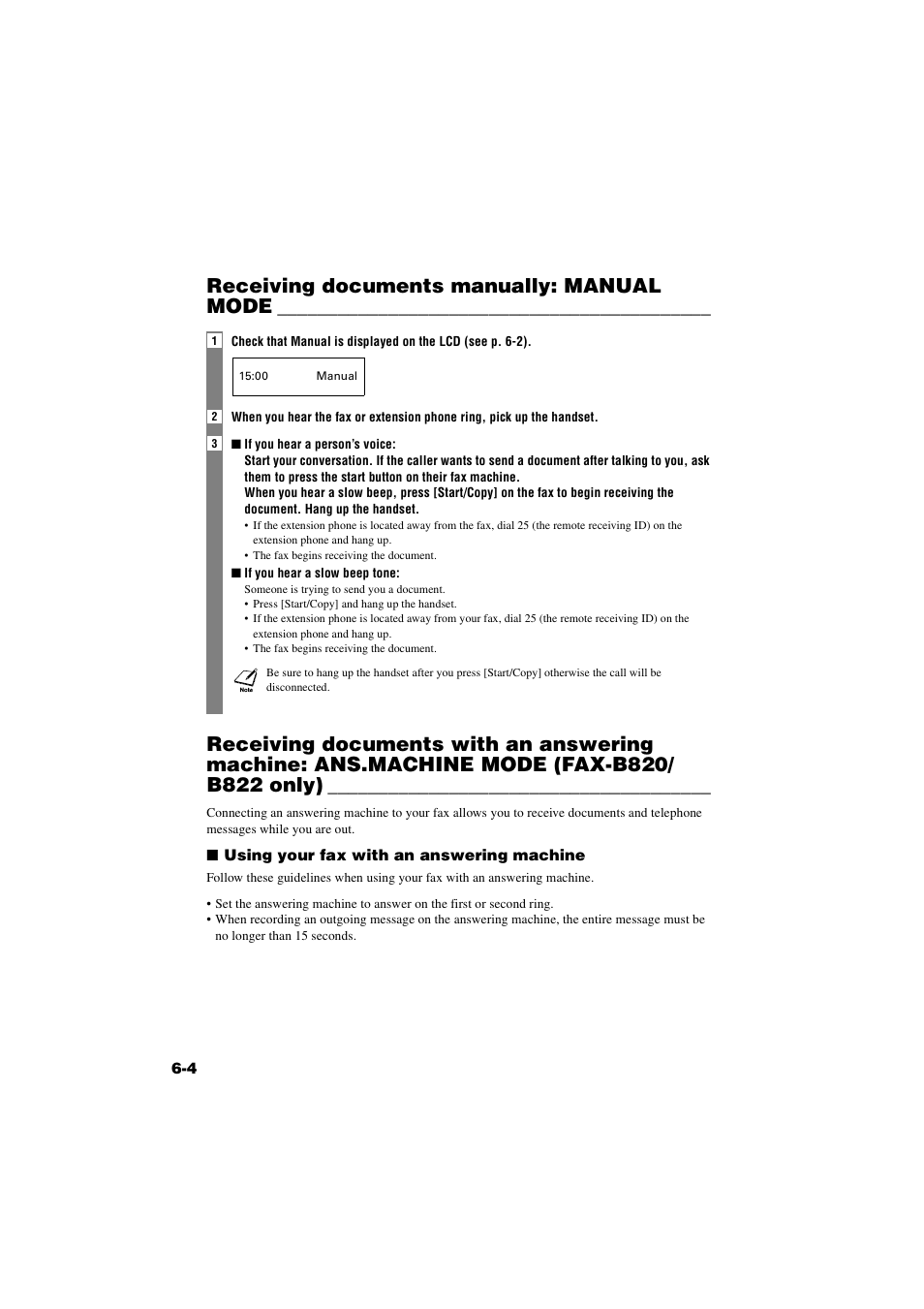 Receiving documents manually: manual mode, Receiving documents manually, Manual mode -4 | Receiving documents with an answering machine, Ans.machine mode (fax-b820/b822 only) -4 | Canon B820 User Manual | Page 57 / 110