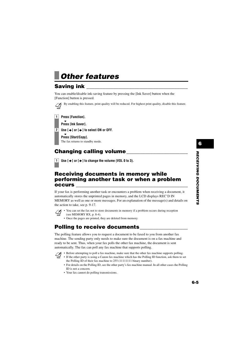 Other features, Saving ink, Changing calling volume | Polling to receive documents, Other features -5, Another task or when a problem occurs -5, Polling to receive documents -5 | Canon B820 User Manual | Page 58 / 110