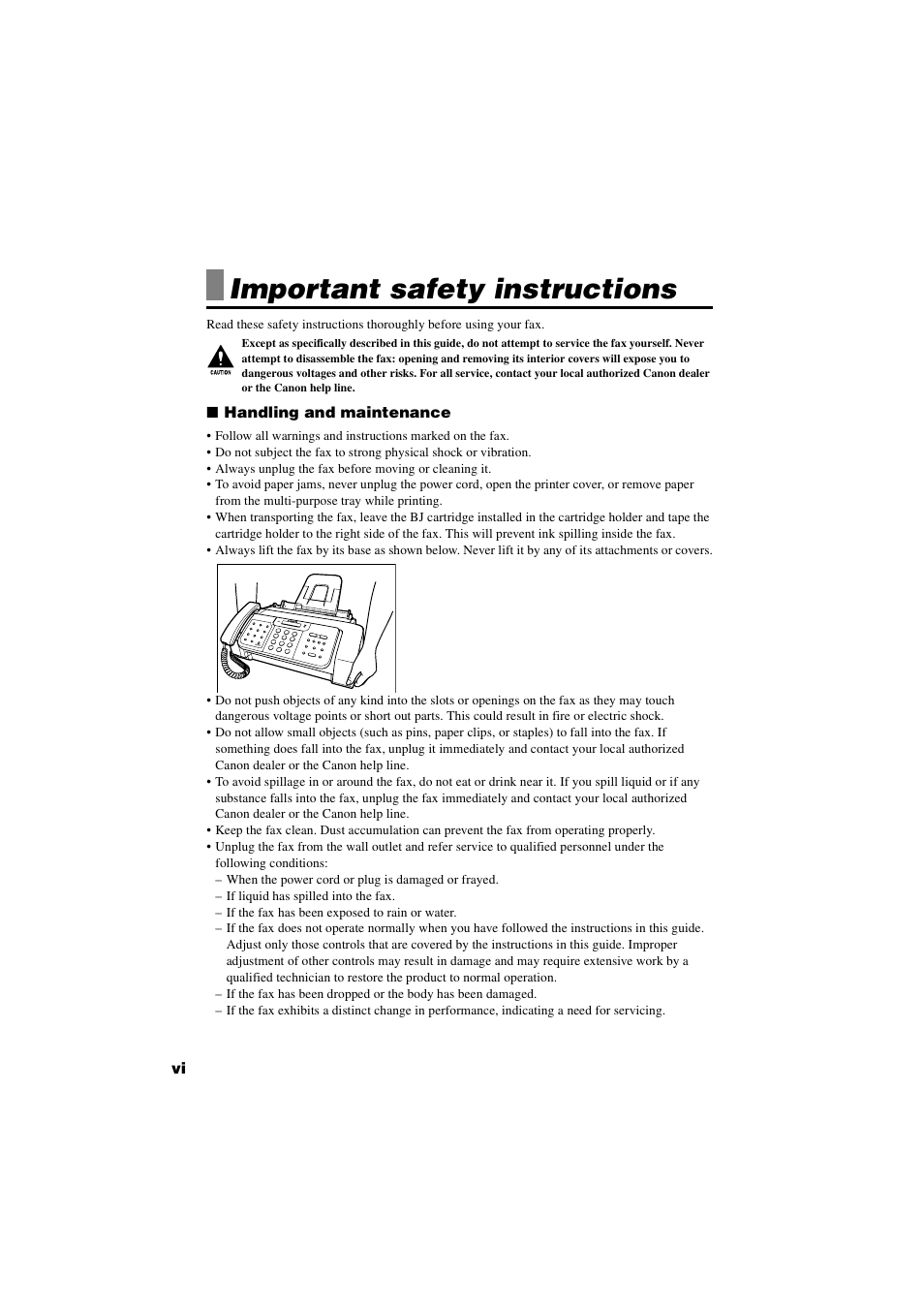 Important safety instructions, Important safety instructions.............vi | Canon B820 User Manual | Page 6 / 110