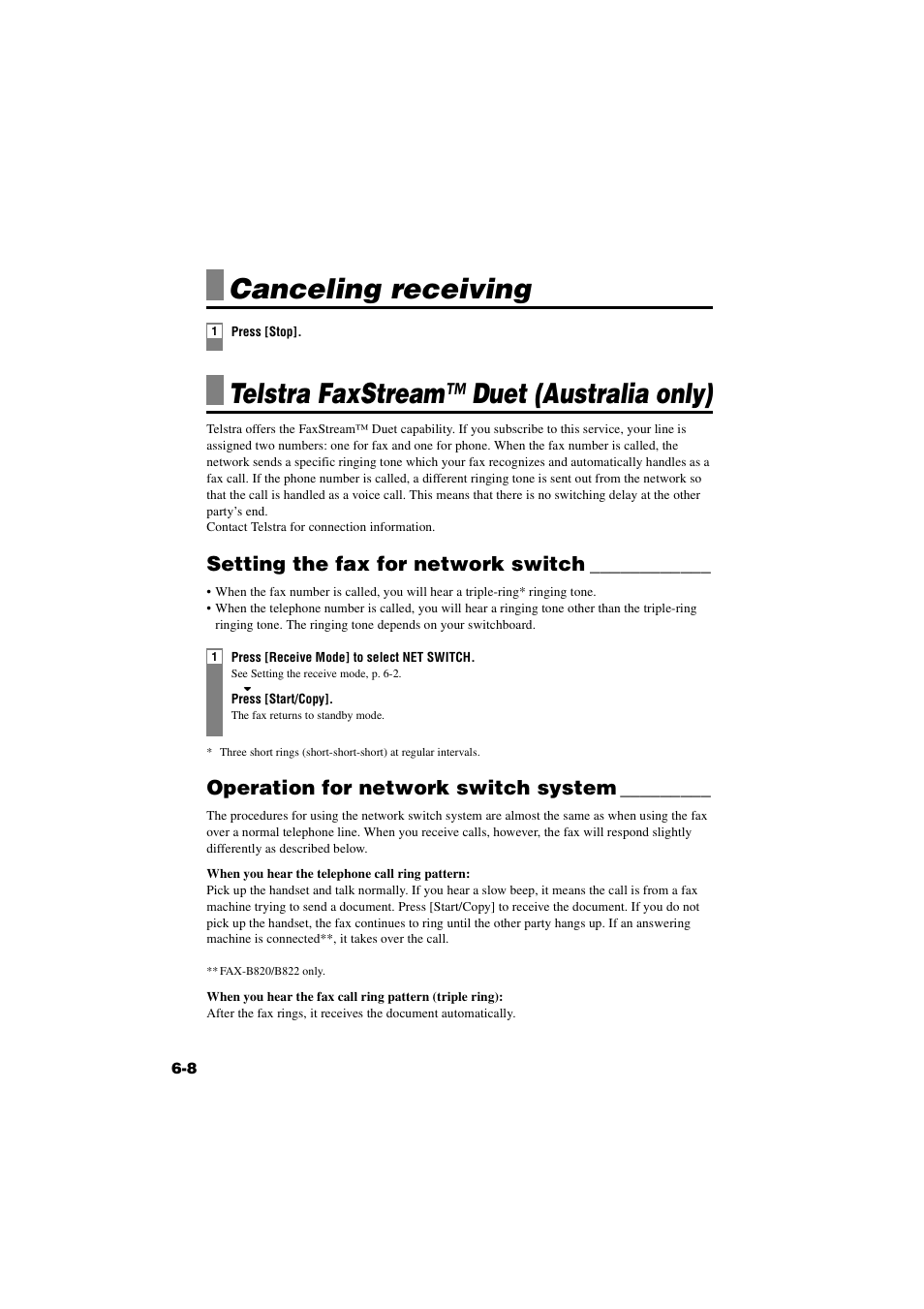 Canceling receiving, Telstra faxstream™ duet (australia only), Setting the fax for network switch | Operation for network switch system, Canceling receiving -8 telstra faxstream™ duet, Australia only) -8 | Canon B820 User Manual | Page 61 / 110