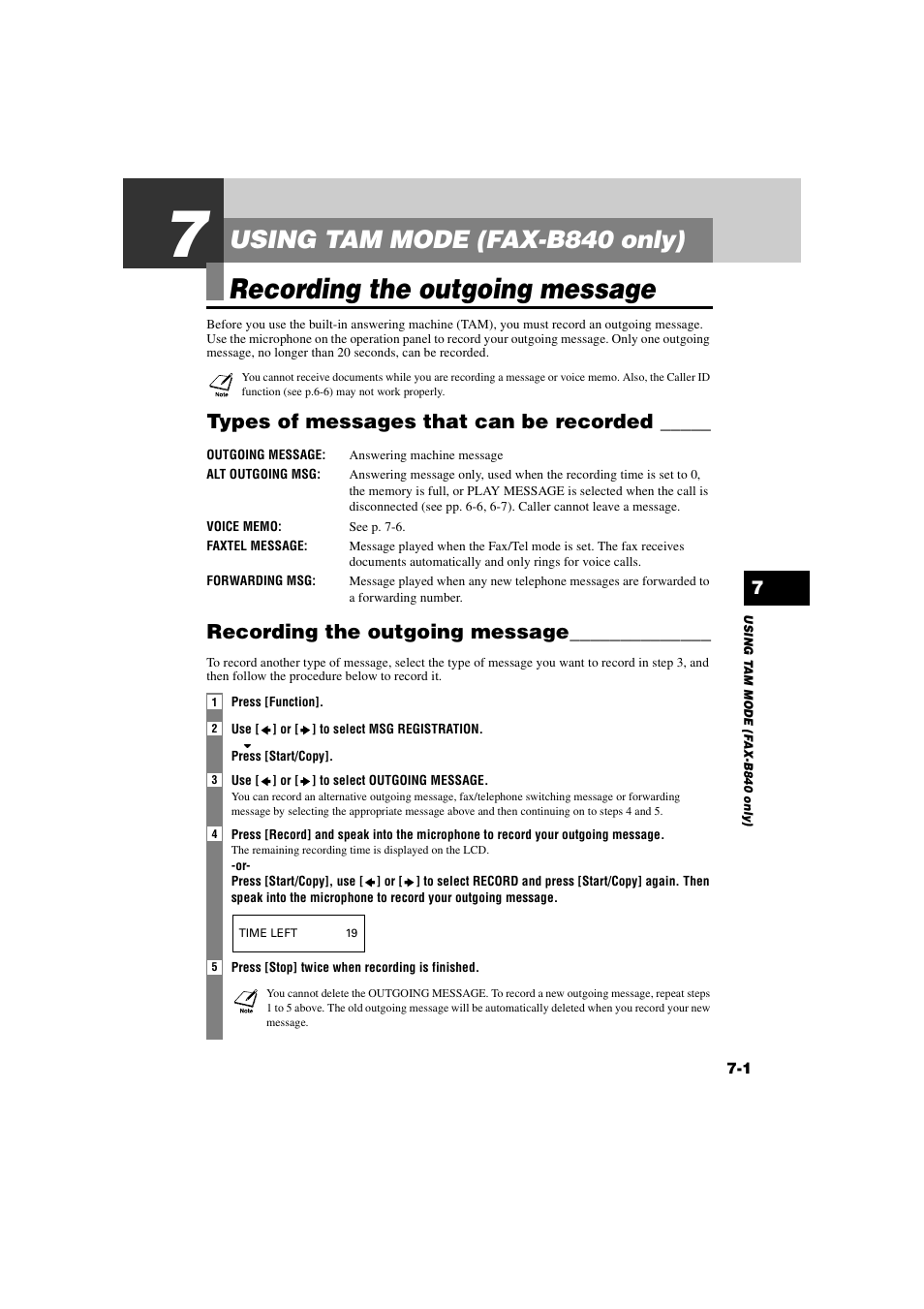 Using tam mode (fax-b840 only), Recording the outgoing message, Types of messages that can be recorded | 7 using tam mode, Fax-b840 only), Recording the outgoing message -1 | Canon B820 User Manual | Page 63 / 110