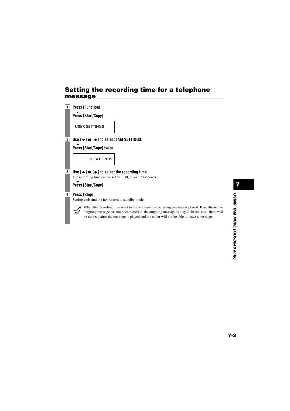 Setting the recording time for a telephone message, Setting the recording time for a telephone, Message -3 | Canon B820 User Manual | Page 65 / 110