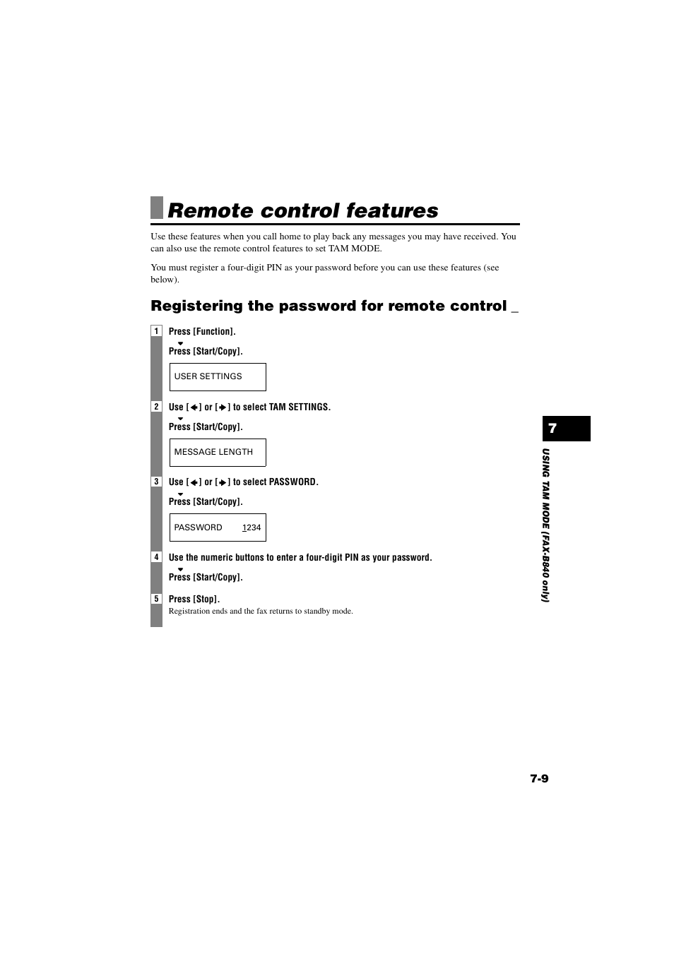 Remote control features, Registering the password for remote control, Remote control features -9 | Registering the password for remote control -9 | Canon B820 User Manual | Page 71 / 110