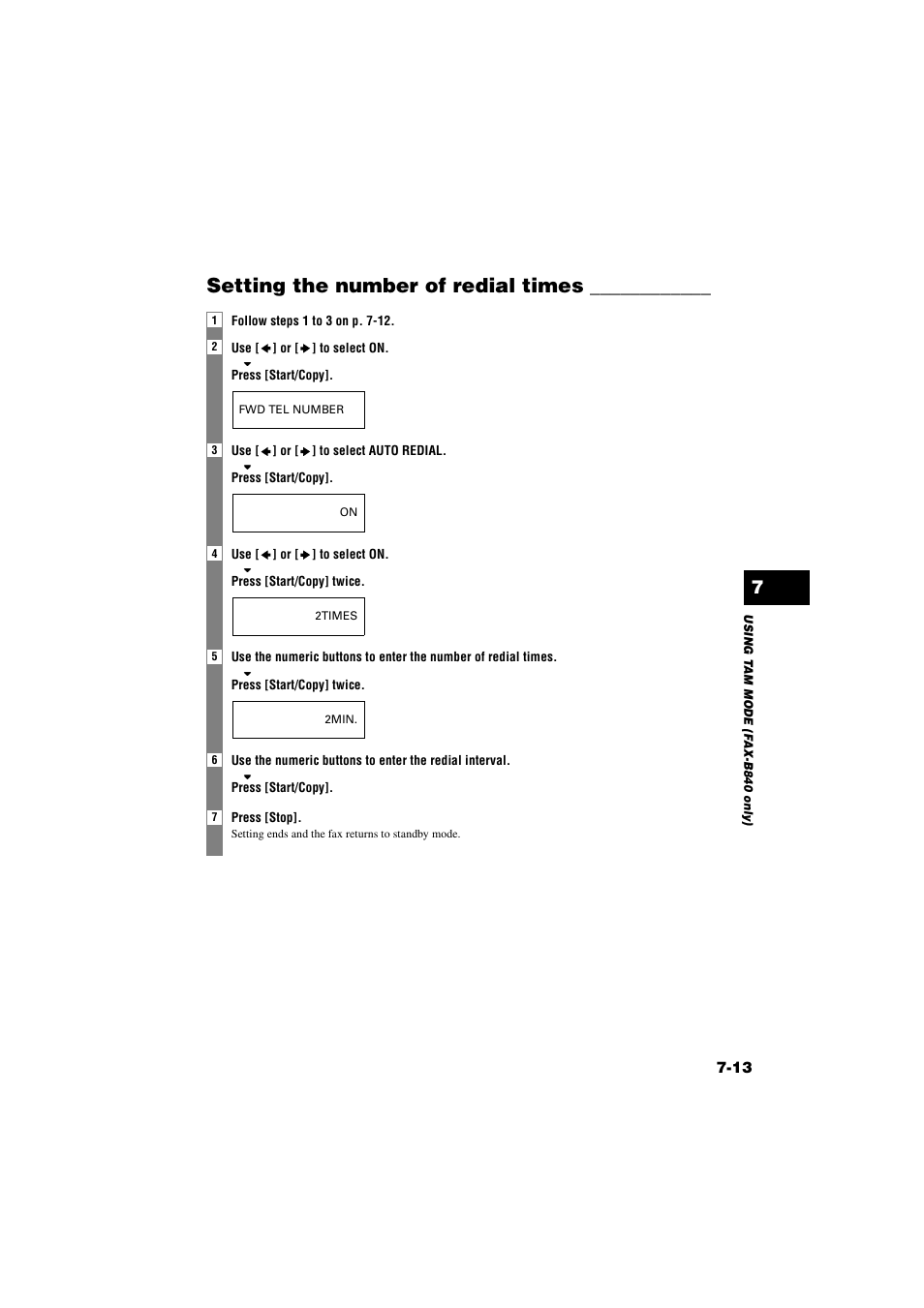 Setting the number of redial times, Setting the number of redial times -13 | Canon B820 User Manual | Page 75 / 110