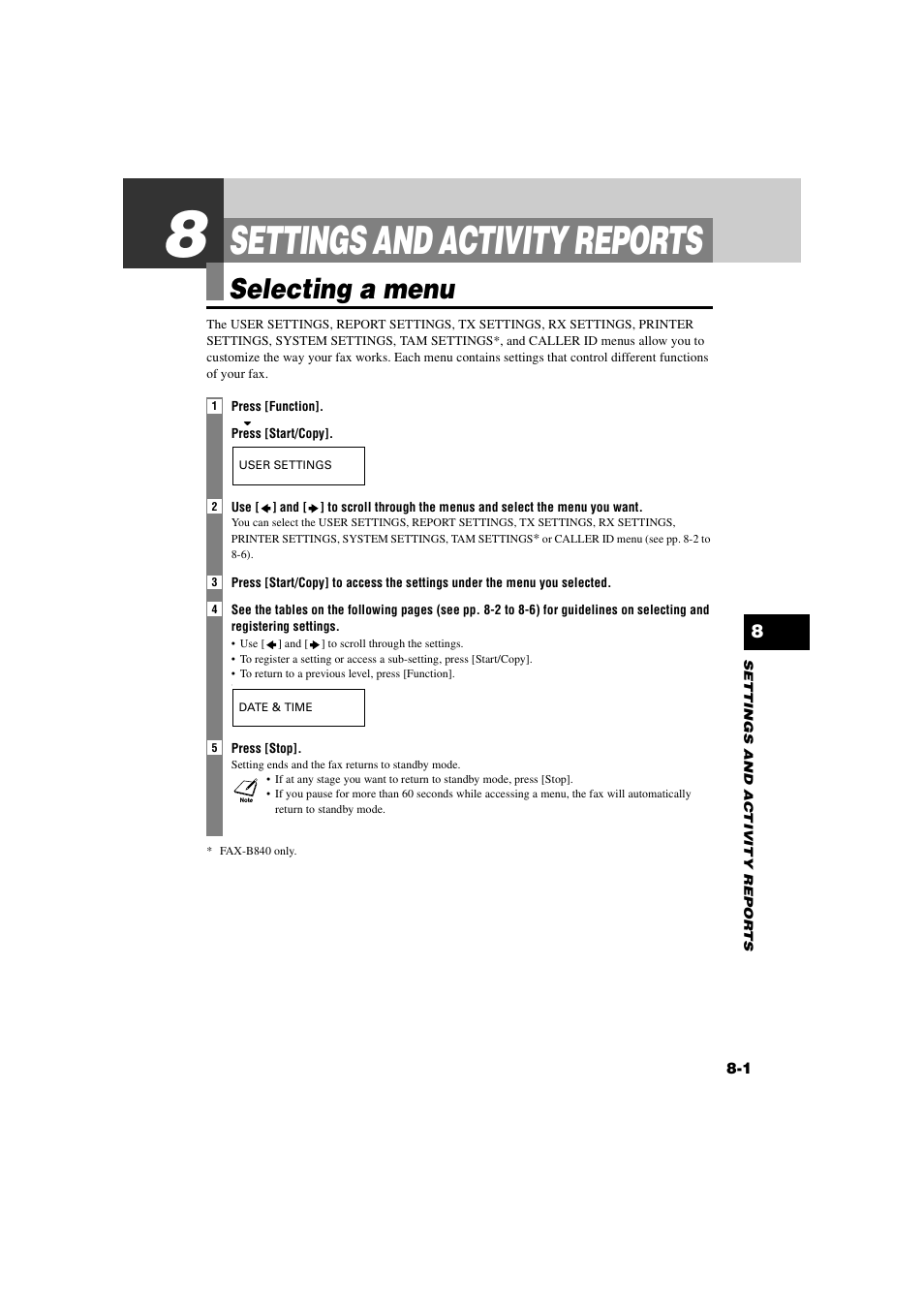 Settings and activity reports, Selecting a menu, 8 settings and | Activity reports, Selecting a menu -1 | Canon B820 User Manual | Page 78 / 110