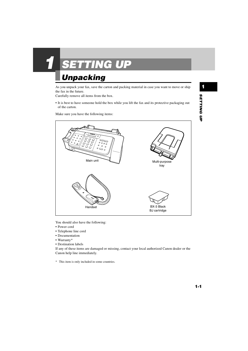 Setting up, Unpacking, 1 setting up | Unpacking -1 | Canon B820 User Manual | Page 9 / 110