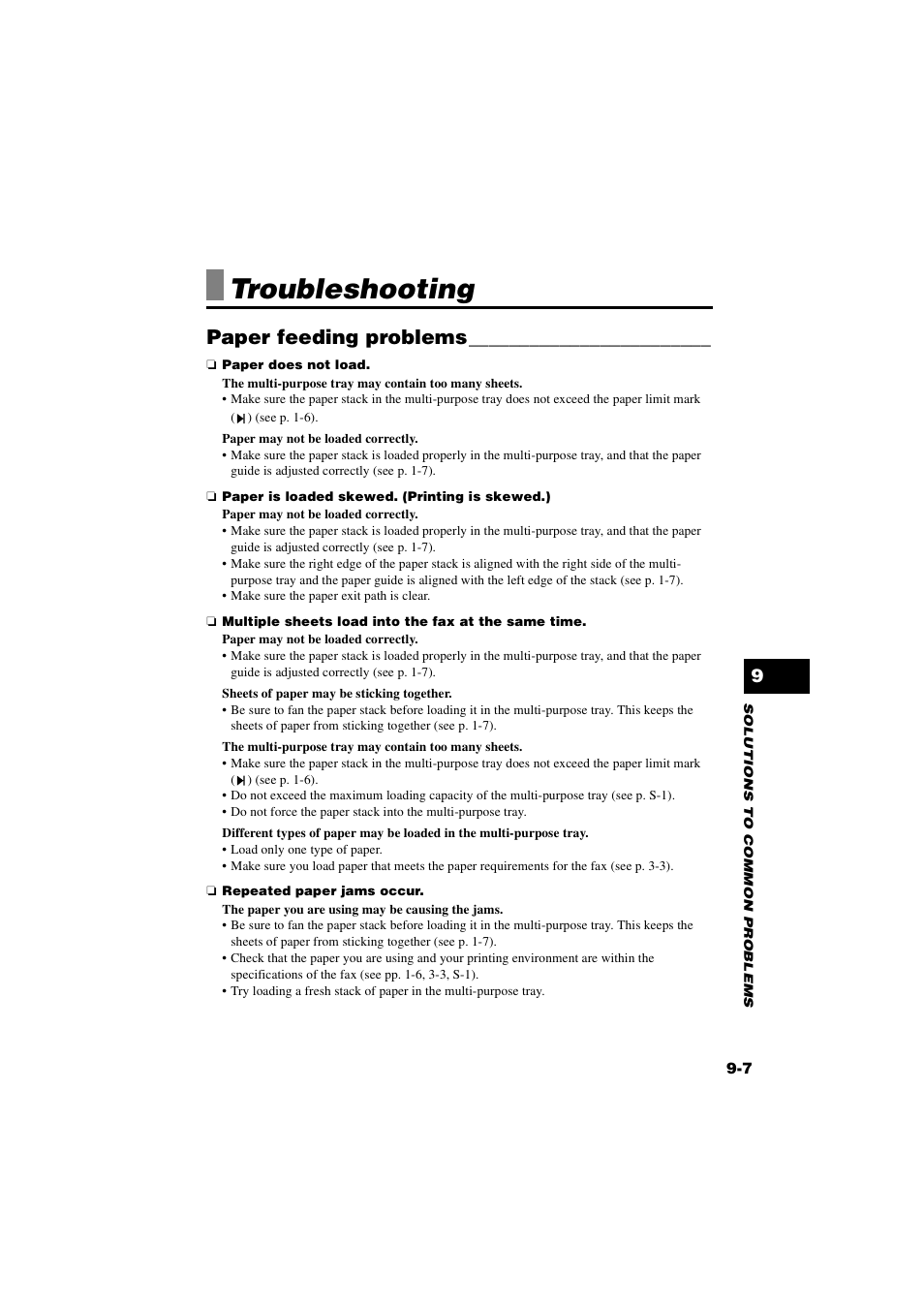 Troubleshooting, Paper feeding problems, Troubleshooting -7 | Paper feeding problems -7 | Canon B820 User Manual | Page 92 / 110