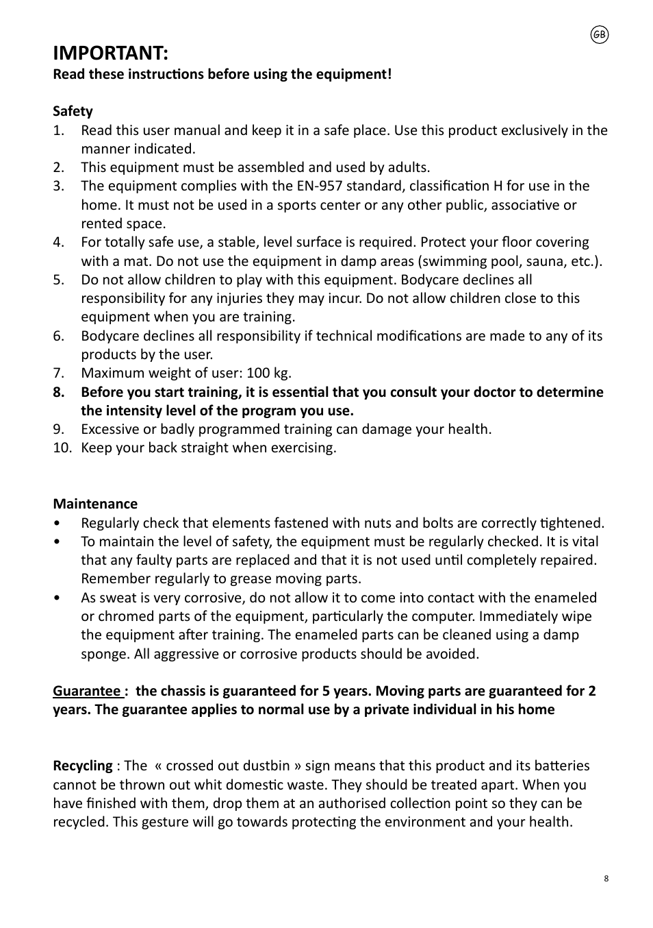 Important | Care Fitness 86833-5 User Manual | Page 8 / 32