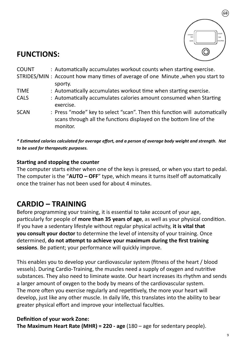 Functions, Cardio – training | Care Fitness 86833-5 User Manual | Page 9 / 32