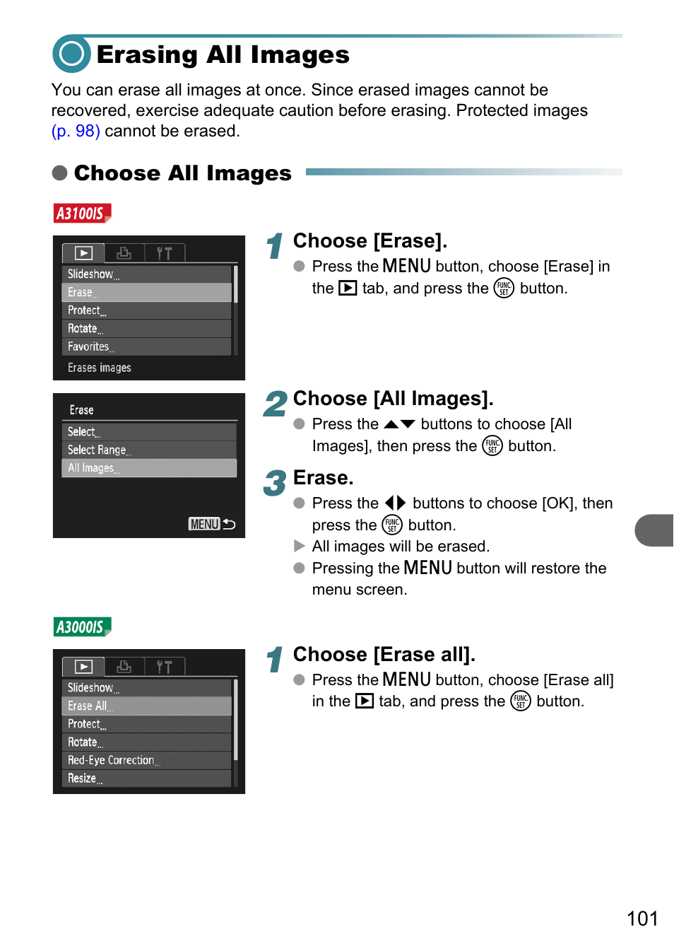 Erasing all images, P. 101), Choose all images | Canon A3150 IS User Manual | Page 101 / 147