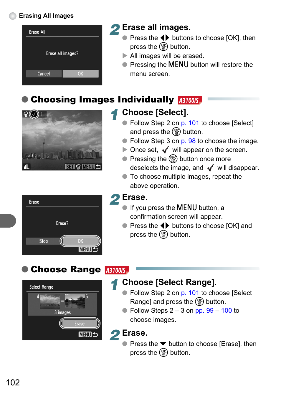 Choosing images individually, Choose range, Erase all images | Choose [select, Erase, Choose [select range | Canon A3150 IS User Manual | Page 102 / 147