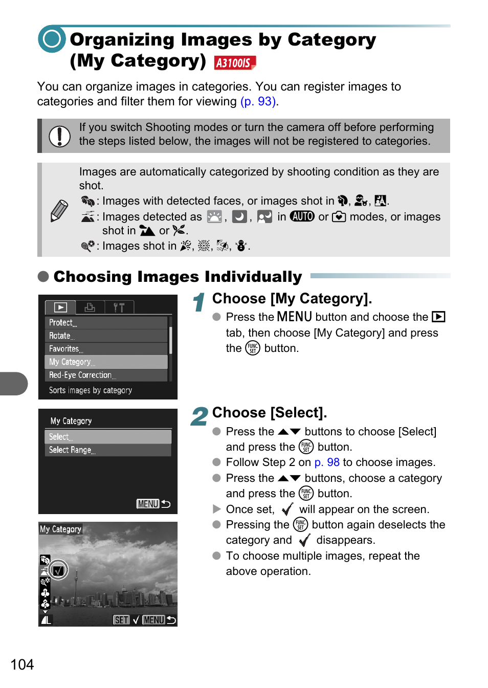 Organizing images by category (my category), P. 104), Choosing images individually | Choose [my category, Choose [select | Canon A3150 IS User Manual | Page 104 / 147