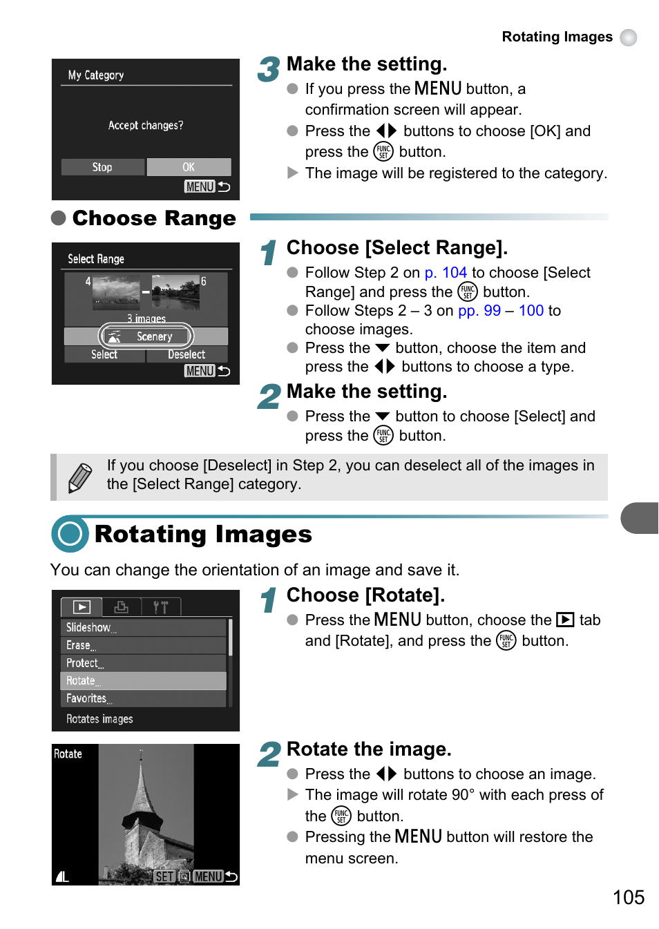 Rotating images, P. 105), Choose range | Make the setting, Choose [select range, Choose [rotate, Rotate the image | Canon A3150 IS User Manual | Page 105 / 147