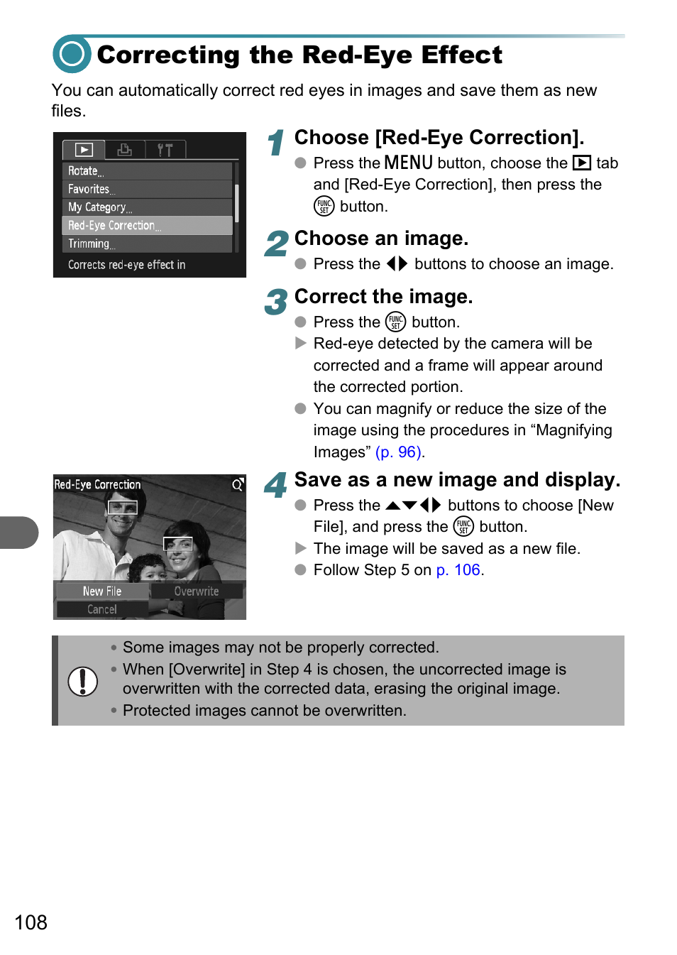 Correcting the red-eye effect, P. 108) | Canon A3150 IS User Manual | Page 108 / 147