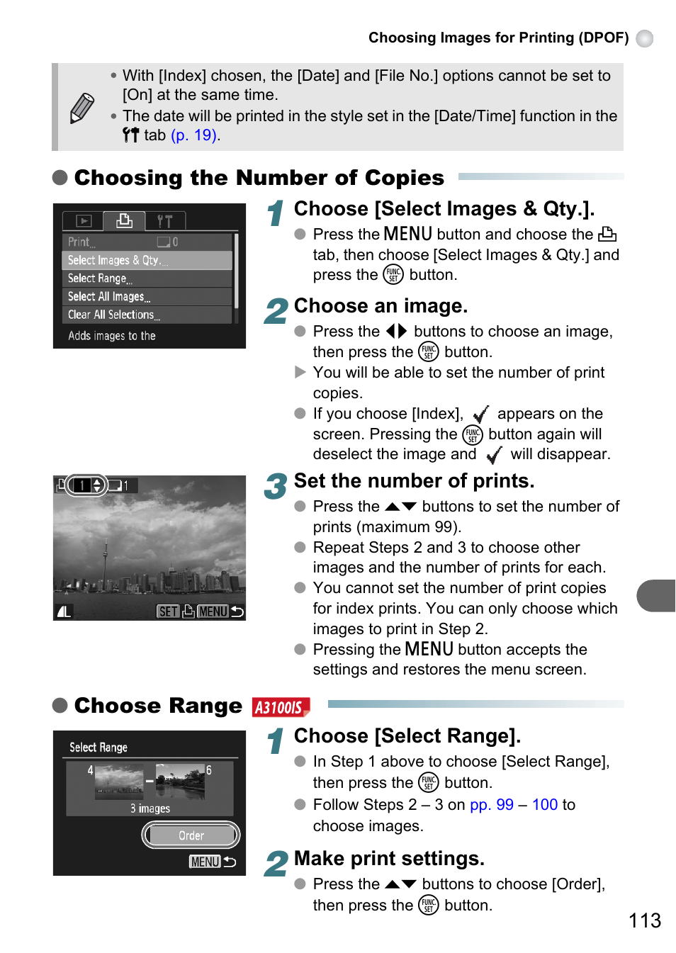 Choosing the number of copies, Choose range, Choose [select images & qty | Choose an image, Set the number of prints, Choose [select range, Make print settings | Canon A3150 IS User Manual | Page 113 / 147