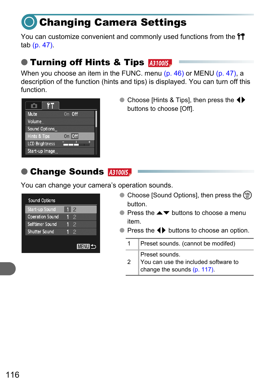 Changing camera settings, Turning off hints & tips, Change sounds | Canon A3150 IS User Manual | Page 116 / 147
