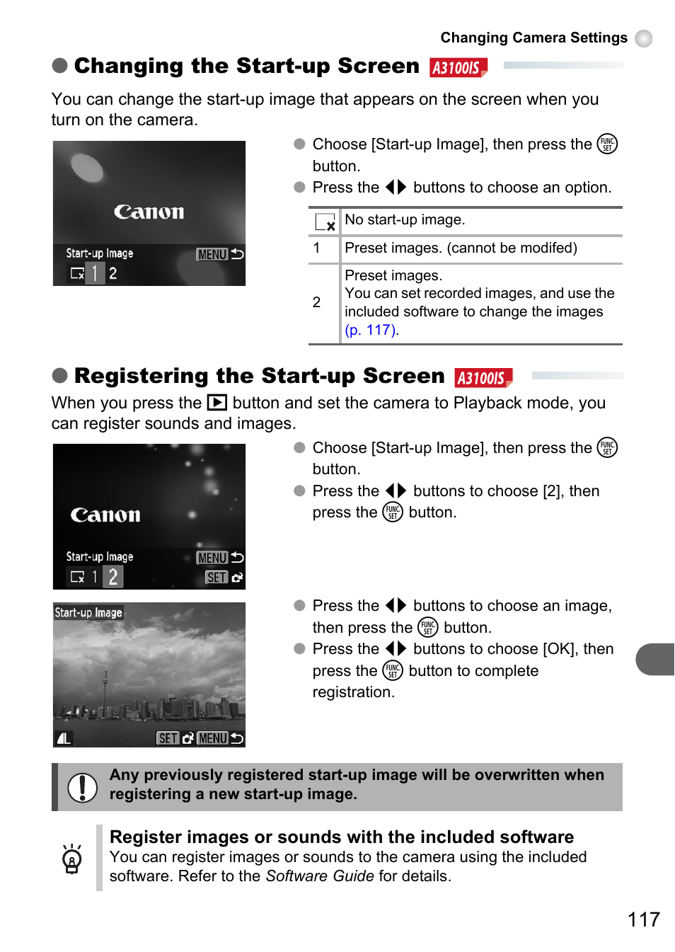 P. 117), Changing the start-up screen, Registering the start-up screen | Canon A3150 IS User Manual | Page 117 / 147