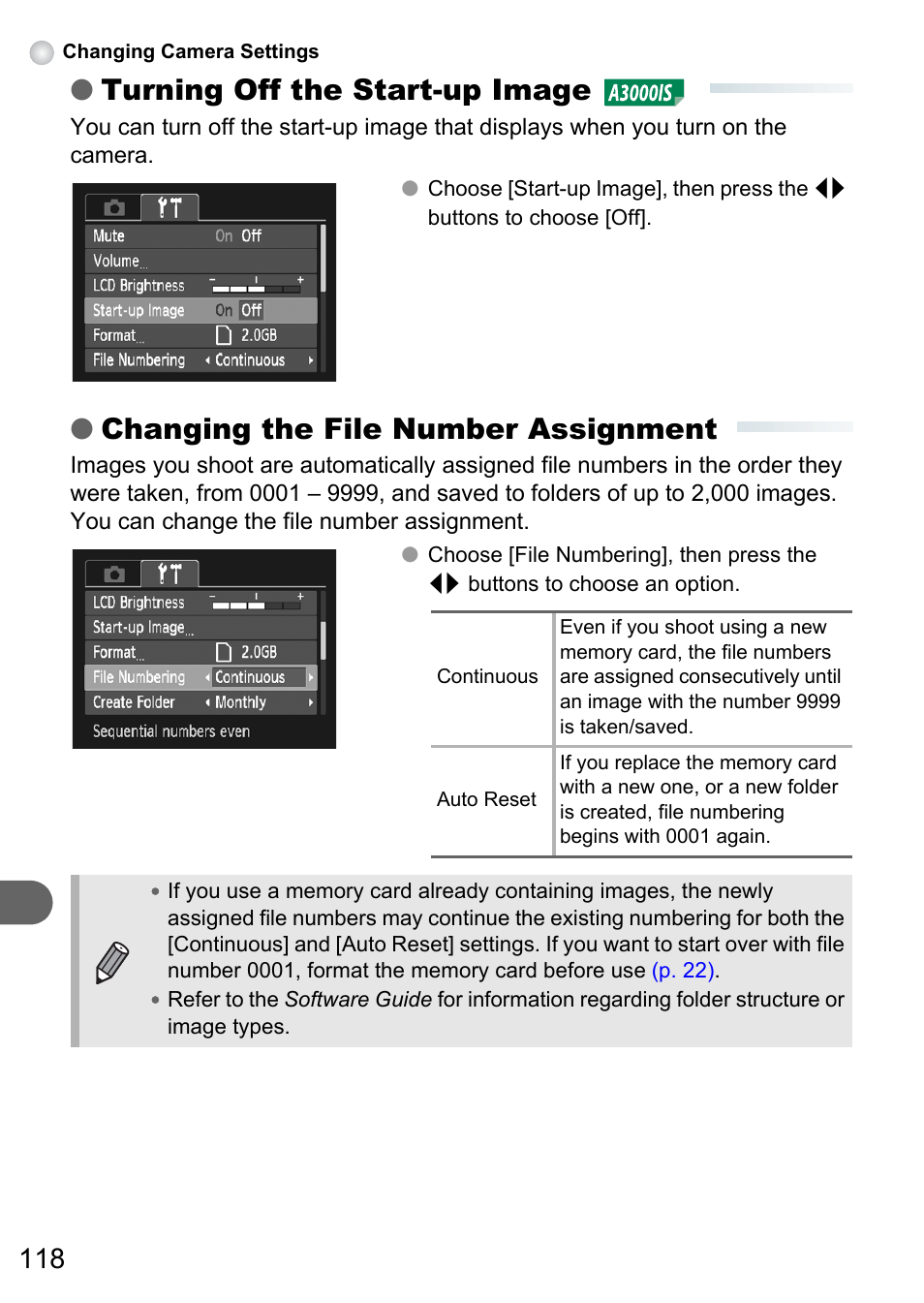 Turning off the start-up image, Changing the file number assignment | Canon A3150 IS User Manual | Page 118 / 147