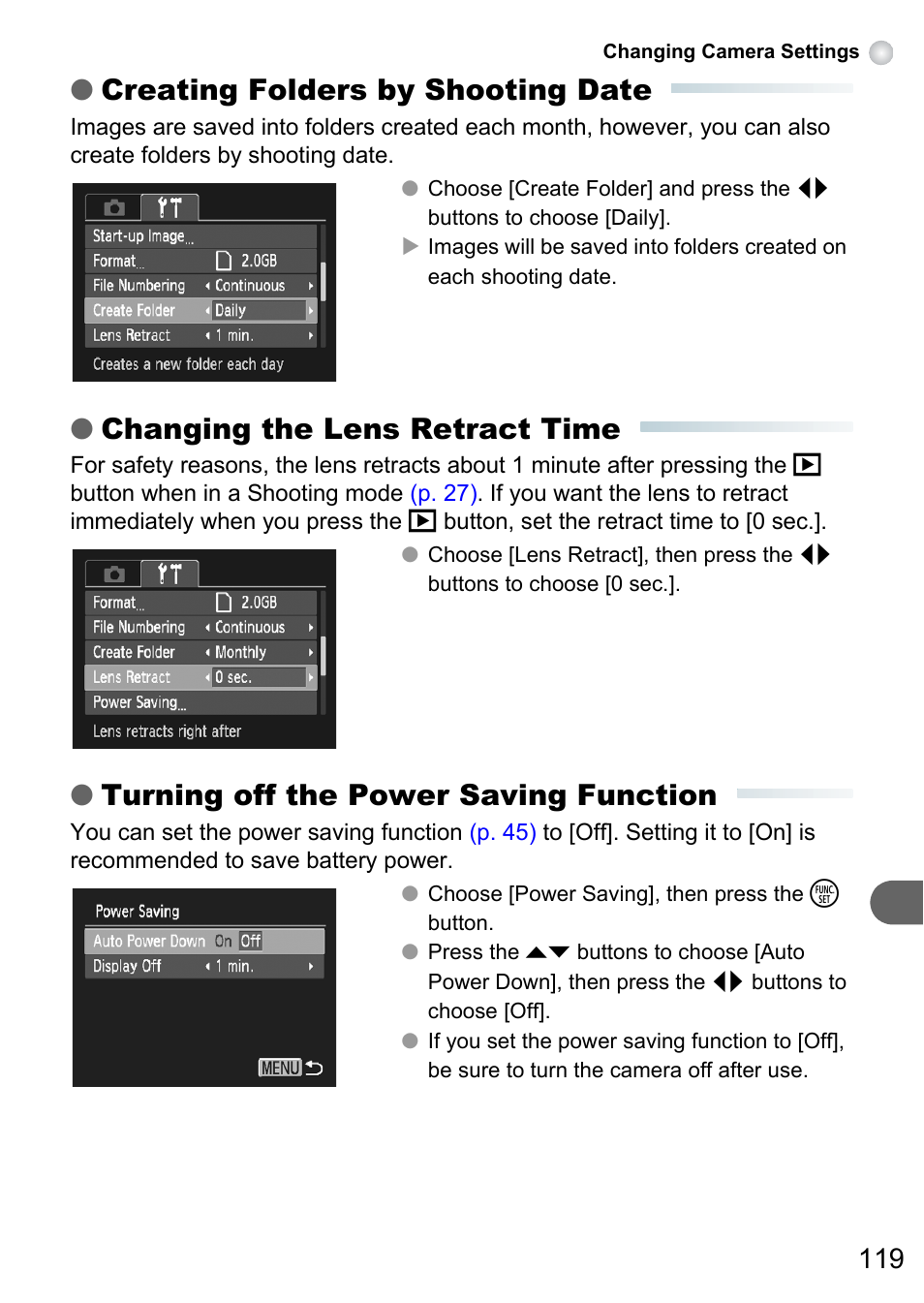P. 119), Creating folders by shooting date, Changing the lens retract time | Turning off the power saving function | Canon A3150 IS User Manual | Page 119 / 147