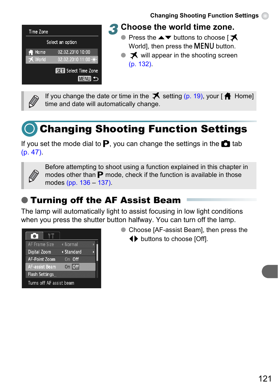 Changing shooting function settings, P. 121), Turning off the af assist beam | Choose the world time zone | Canon A3150 IS User Manual | Page 121 / 147